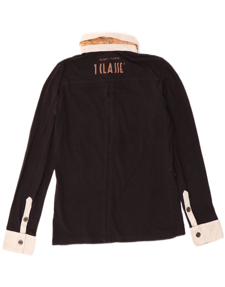 ALVIERO MARTINI Womens Graphic Rugby Polo Shirt UK 14 Medium Black Vintage ALVIERO MARTINI and Second-Hand ALVIERO MARTINI from Messina Hembry 