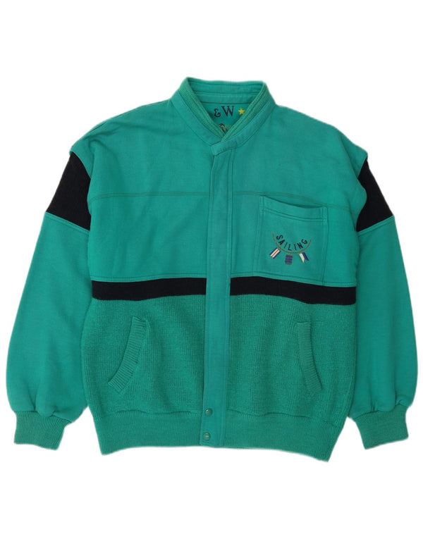 VINTAGE Mens Cardigan Sweater Large Green Colourblock Wool