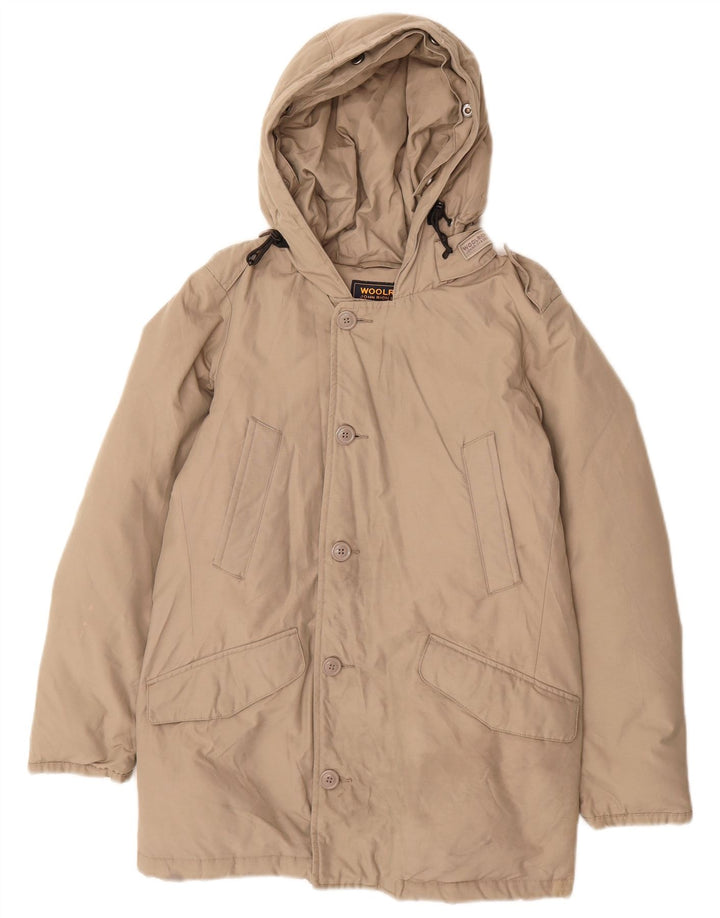 Jachetă căptușită cu glugă Woolrich pentru băieți 9-10 ani, nailon gri