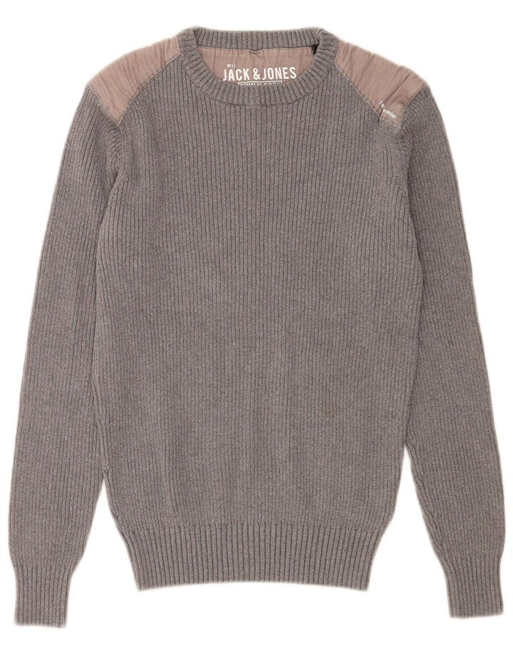 Pulover Jack & Jones pentru bărbați cu gât roșu, bumbac color bloc, gri mediu
