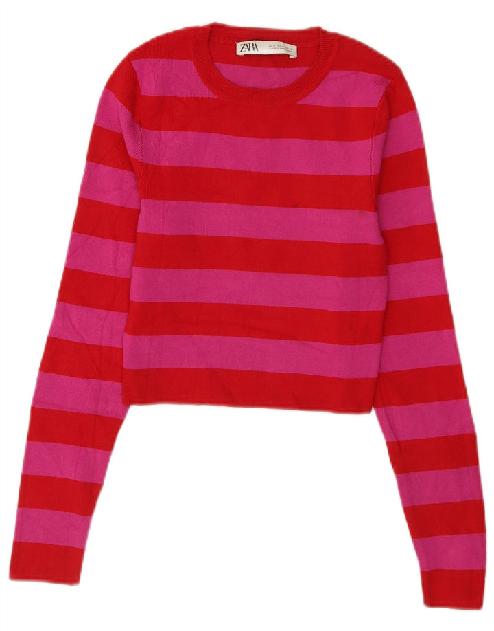 Crop Top pentru femei Zara cu mânecă lungă UK 12 Medium Red Striped Viscose