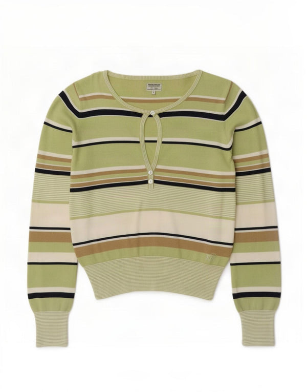 Woolrich Pulover cu gât cu nasturi pentru femei UK 14, bumbac cu dungi verzi mari