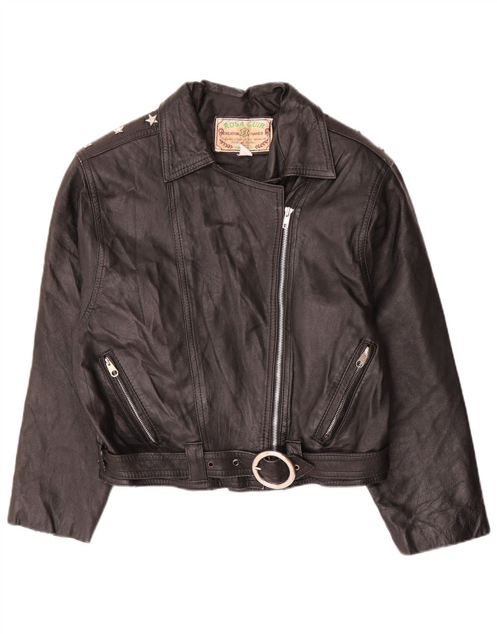 Jachetă de motociclist din piele crop vintage pentru femei UK 12 Medium Black Leather