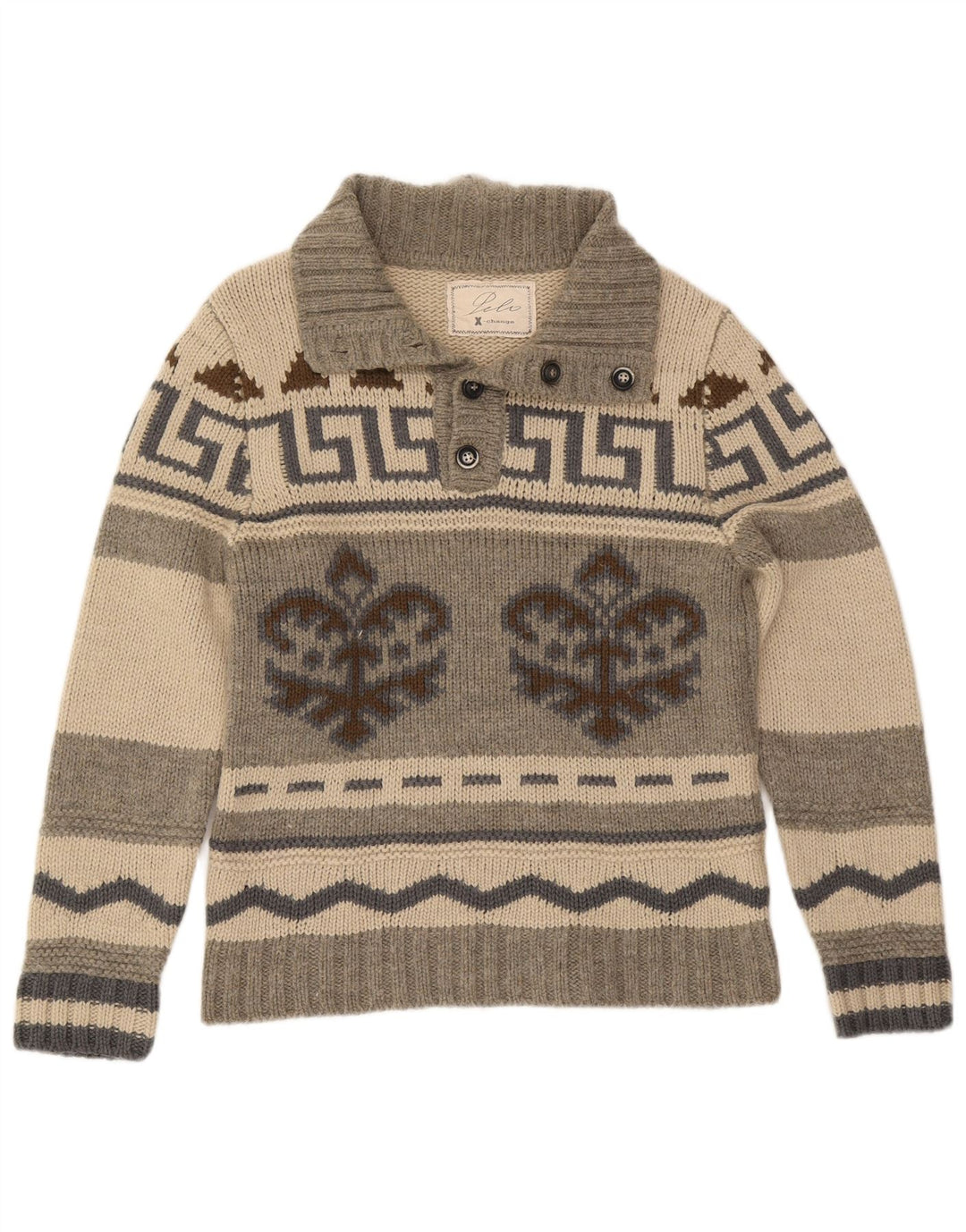 Pulover Vintage pentru bărbați cu gât cu nasturi IT 50 Medium Gri Fair Isle