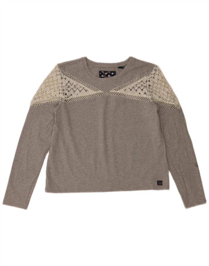 Top pentru femei Superdry cu mânecă lungă UK 12, bumbac gri mediu