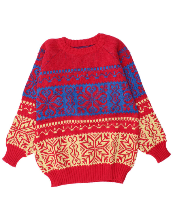 Pulover vintage pentru bărbați cu gâtul cu barca, mijlociu, roșu Fair Isle