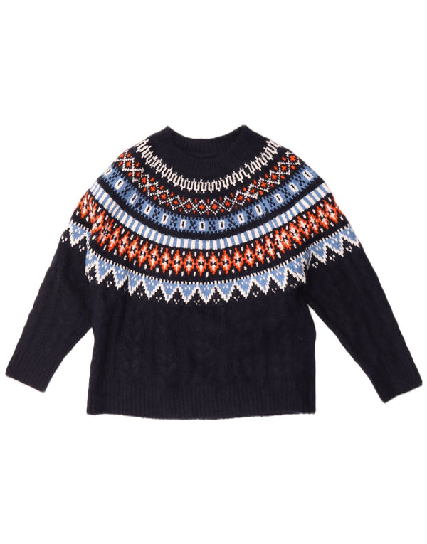 Pulover vintage pentru femei cu gât de barcă UK 14 Fair Isle, albastru mare, mare