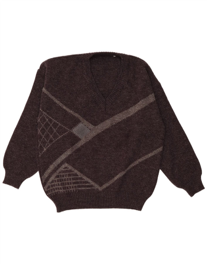 Pulover vintage pentru bărbați cu decolteu în V IT 52 mare, gri geometric, acrilic