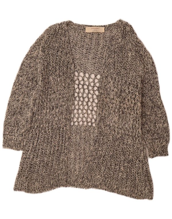 Zara Womens 3/4 Sleeve Crochet Cardigan Sweater UK 14 Medium Grey Cotton
