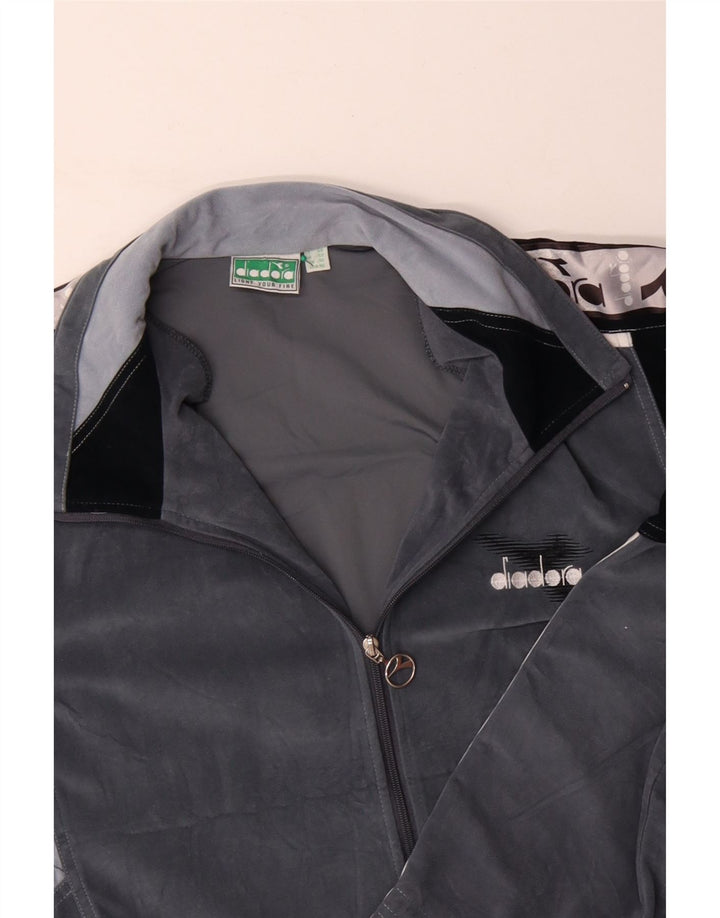 Jachetă de trening din velur grafic DIADORA pentru bărbați UK 46 XL Gri Colorblock