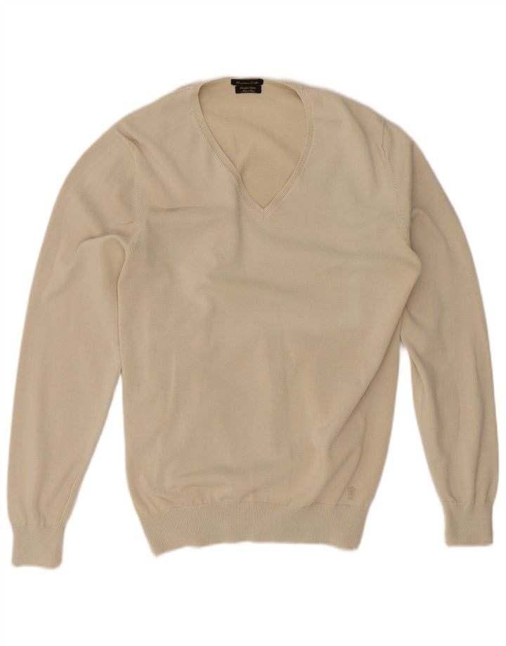 Pulover Massimo Dutti pentru bărbați, cu decolteu în V, bumbac mediu bej