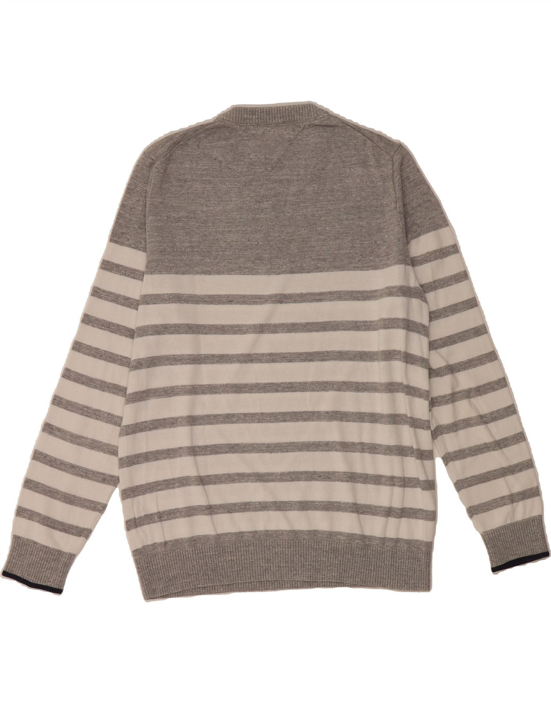TOMMY HILFIGER Mens Crew Neck Jumper Sweater Medium Grey Striped Cotton Vintage Tommy Hilfiger and Second-Hand Tommy Hilfiger from Messina Hembry 