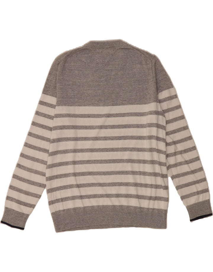 TOMMY HILFIGER Mens Crew Neck Jumper Sweater Medium Grey Striped Cotton Vintage Tommy Hilfiger and Second-Hand Tommy Hilfiger from Messina Hembry 