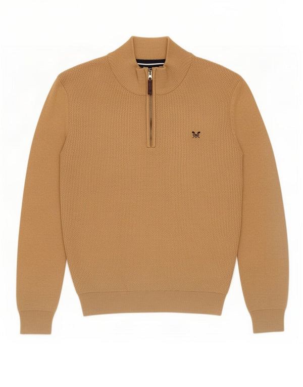 Crew Clothing Pulover pentru bărbați, cu fermoar, cu gât, bumbac mare, maro
