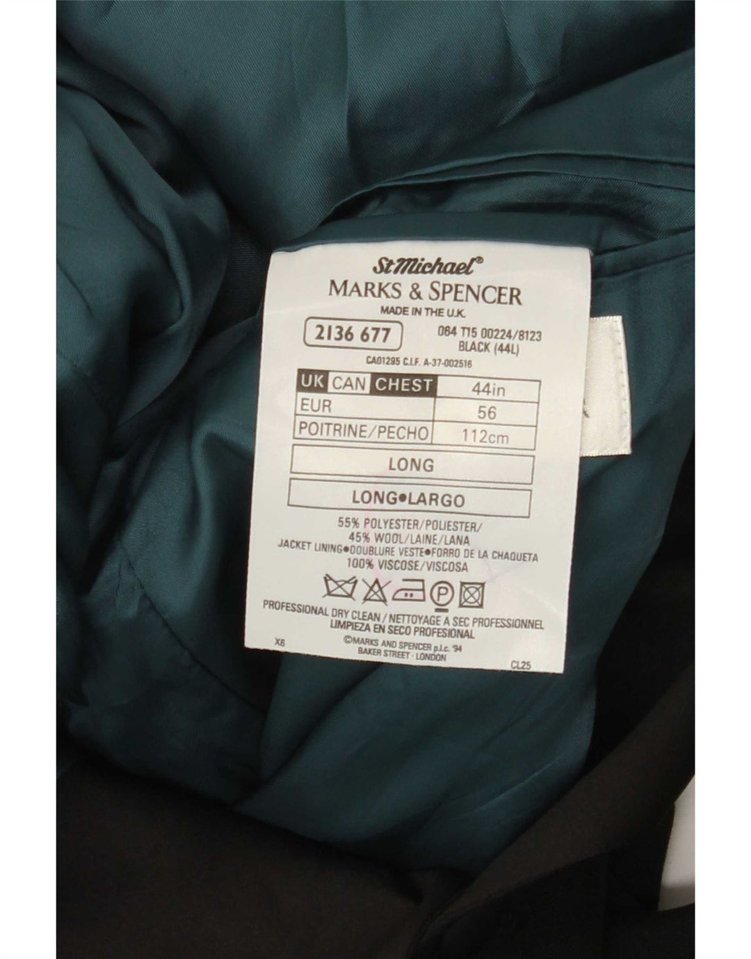 Jachetă pentru bărbați Marks & Spencer, lungă cu 2 nasturi, UK 44 XL, poliester negru
