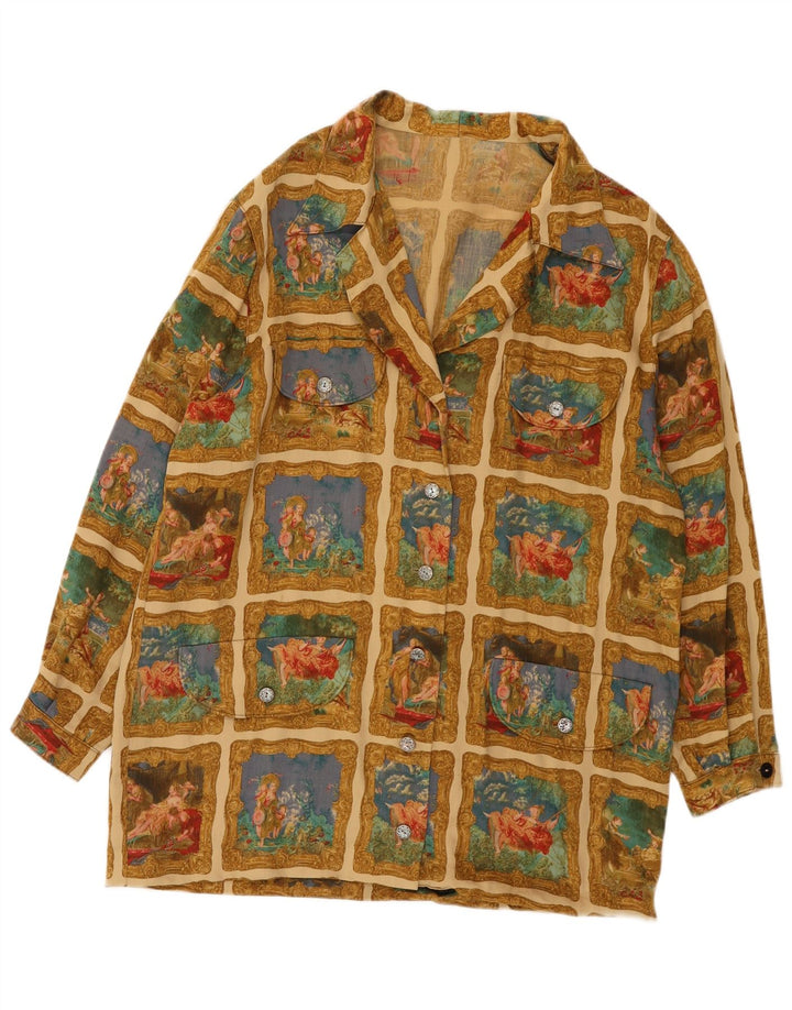 Bluză cu cămașă cu grafică vintage pentru femei UK 18 XL Kaki Patchwork