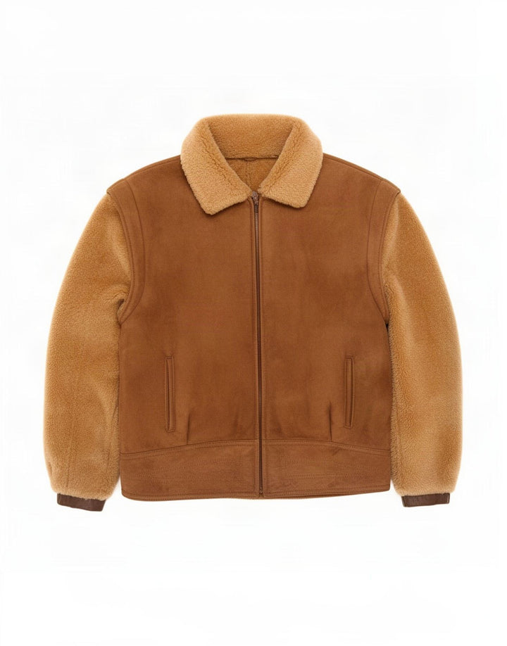 Bomber vintage pentru bărbați din piele intoarsa UK 40, mare, bej, bloc de culoare