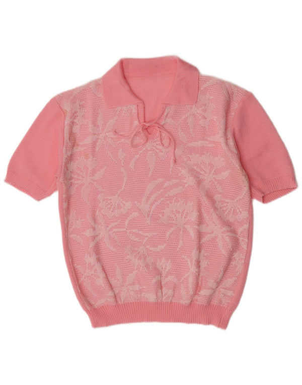 Pulover vintage cu gât polo pentru femei UK 12 Medium Roz Floral Retro
