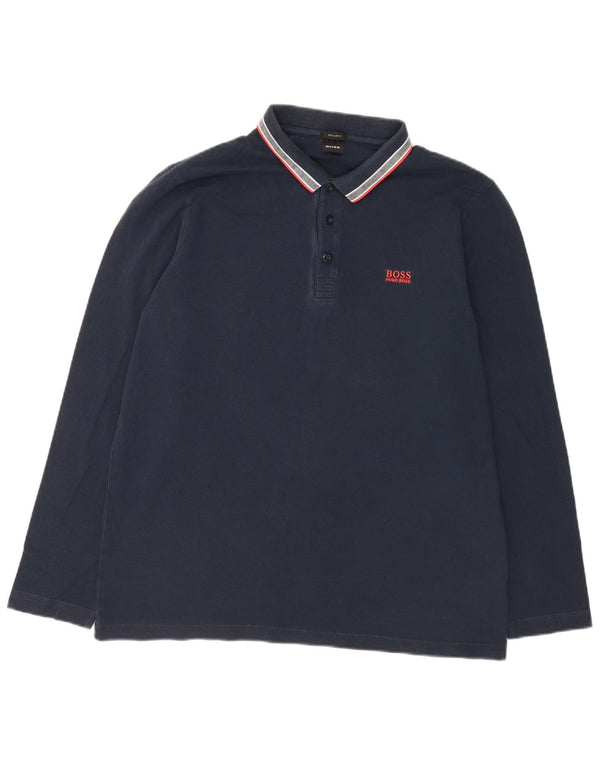 Cămașă polo Hugo Boss pentru bărbați, cu mânecă lungă, cu formă normală, 2XL, bumbac bleumarin