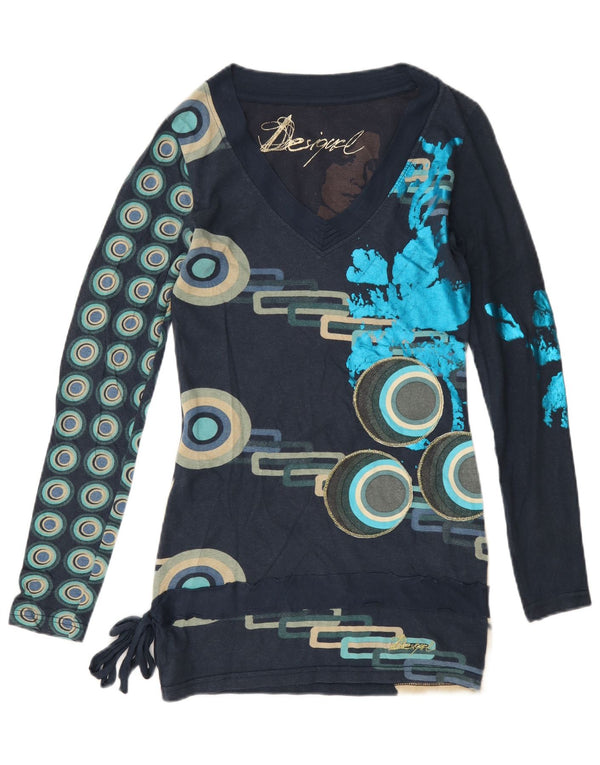 Top grafic pentru femei Desigual cu mânecă lungă UK 6 XS bleumarin, bumbac geometric