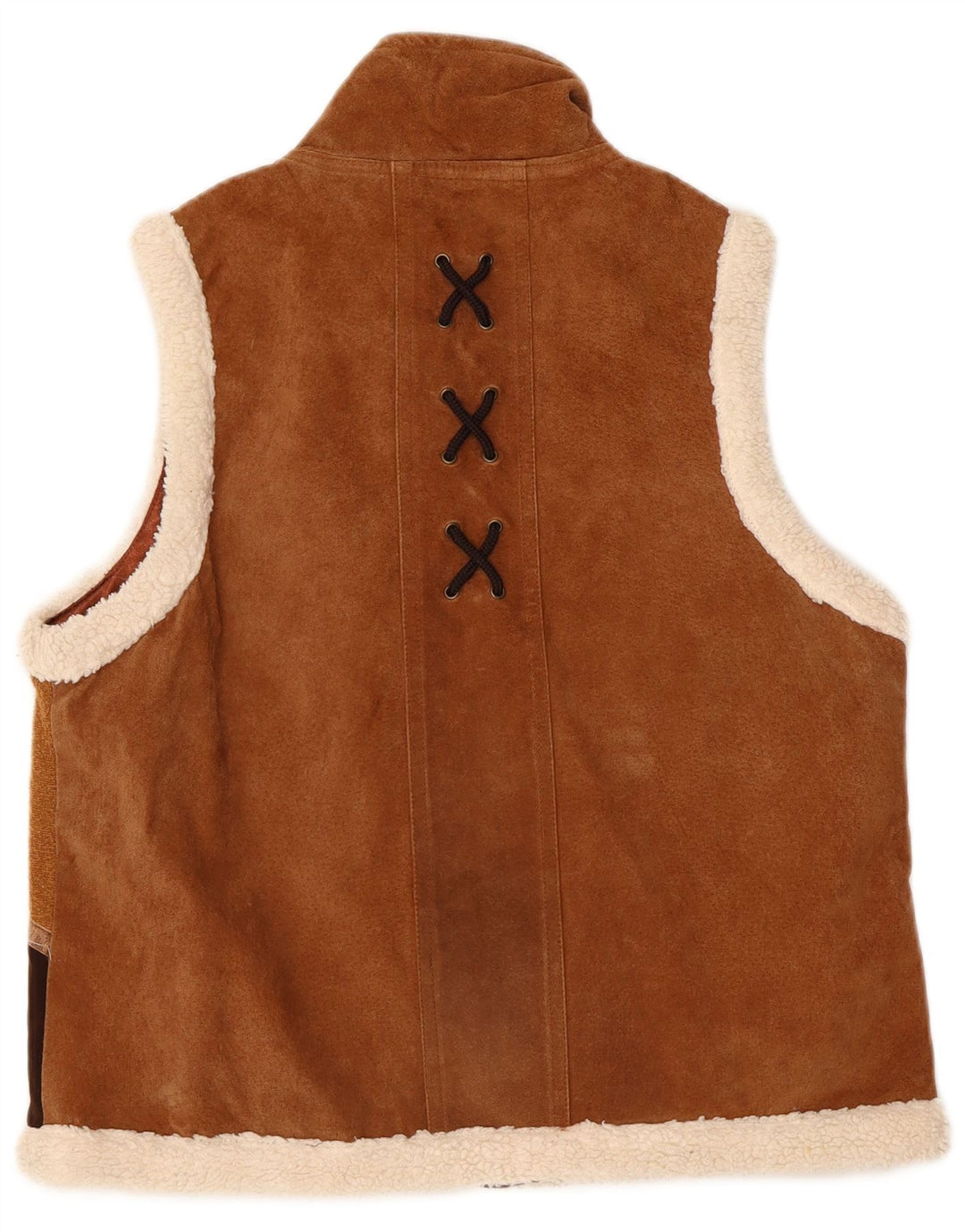 Gilet din piele intoarsa pentru femei vintage UK 14 maro mediu din piele geometrica