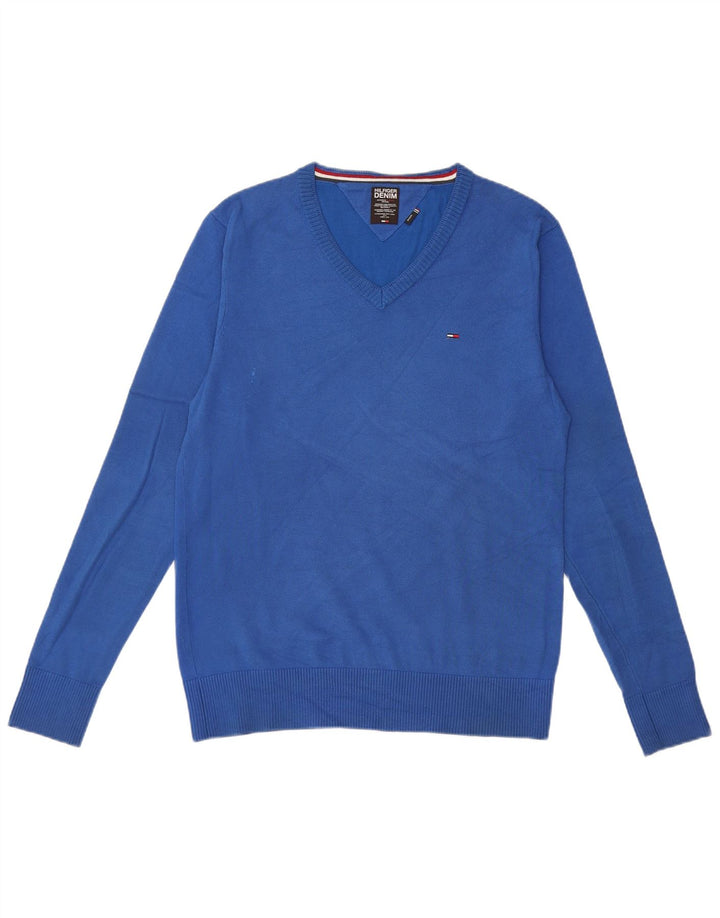 Pulover Tommy Hilfiger pentru bărbați, cu decolteu în V, bumbac albastru mediu
