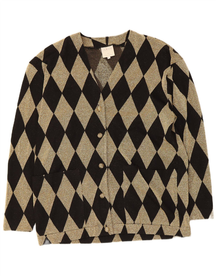 Pulover vintage cardigan supradimensionat pentru femei UK 16 Large Black Argyle/Diamond