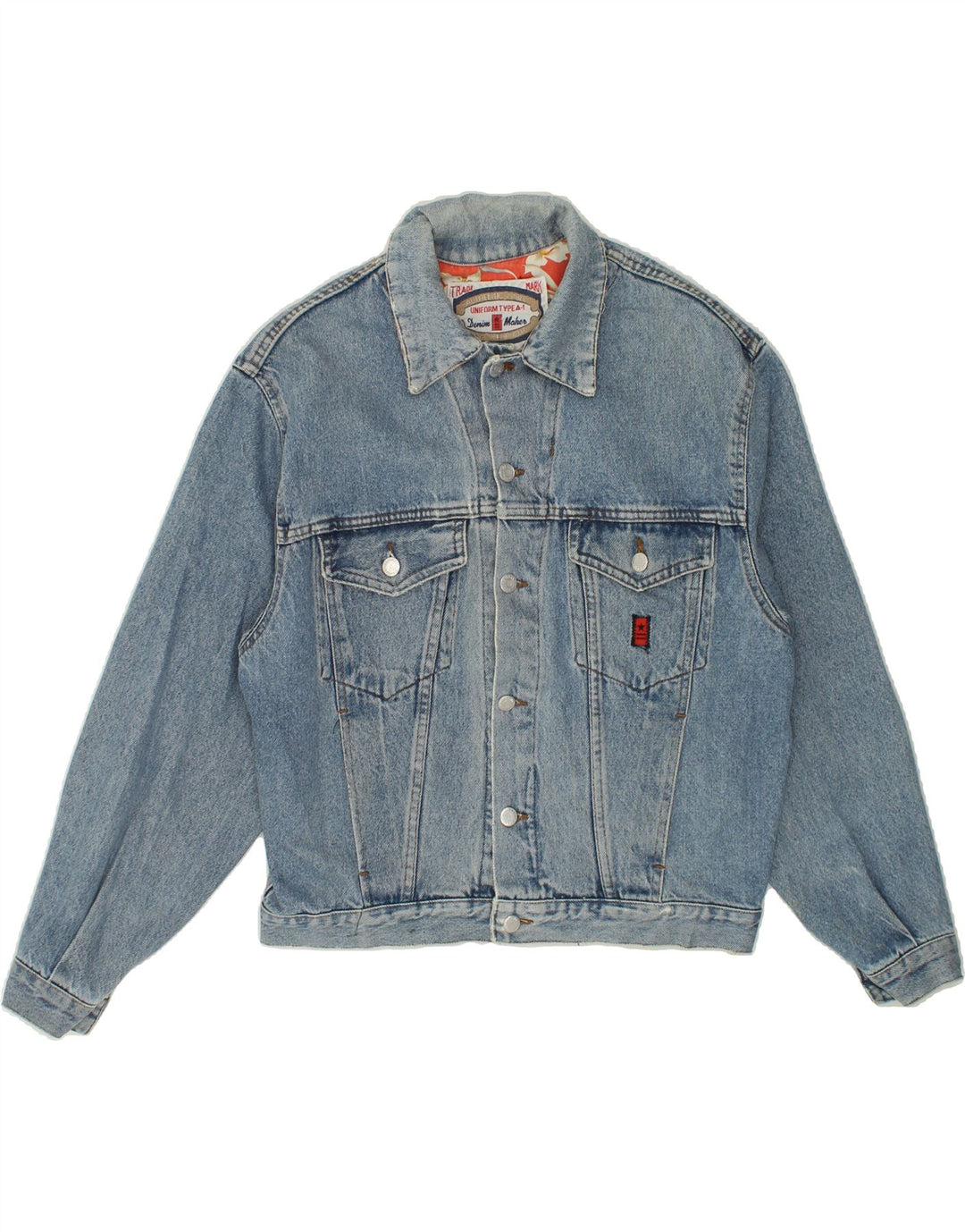 UNIFORM Womens Graphic Denim Jacket UK 16 Large Blue Cotton Vintage Uniform and Second-Hand Uniform from Messina Hembry 