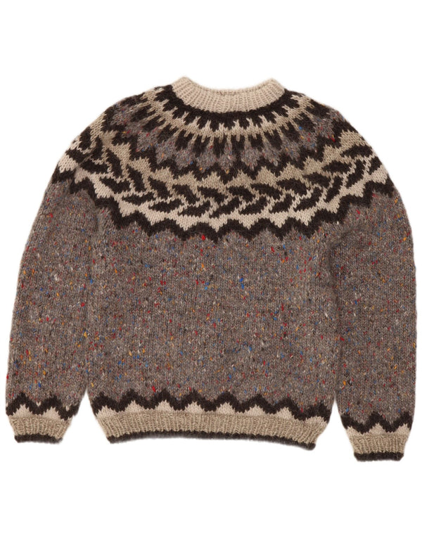 Pulover vintage pentru femei cu gât roșu, UK 8, mic, gri Fair Isle