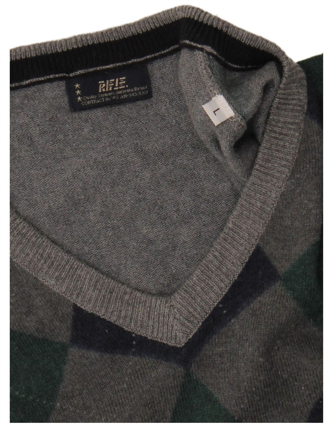 RIFLE Mens V-Neck Jumper Sweater Large Grey Argyle/Diamond