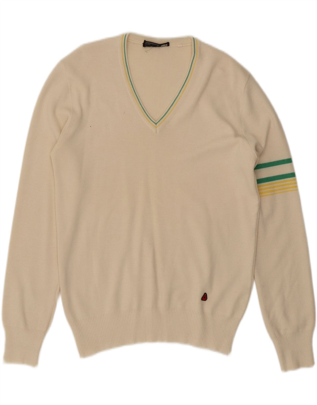 LES JACQUELINES Mens V-Neck Jumper Sweater IT 52 Large Off White Vintage Les Jacquelines and Second-Hand Les Jacquelines from Messina Hembry 