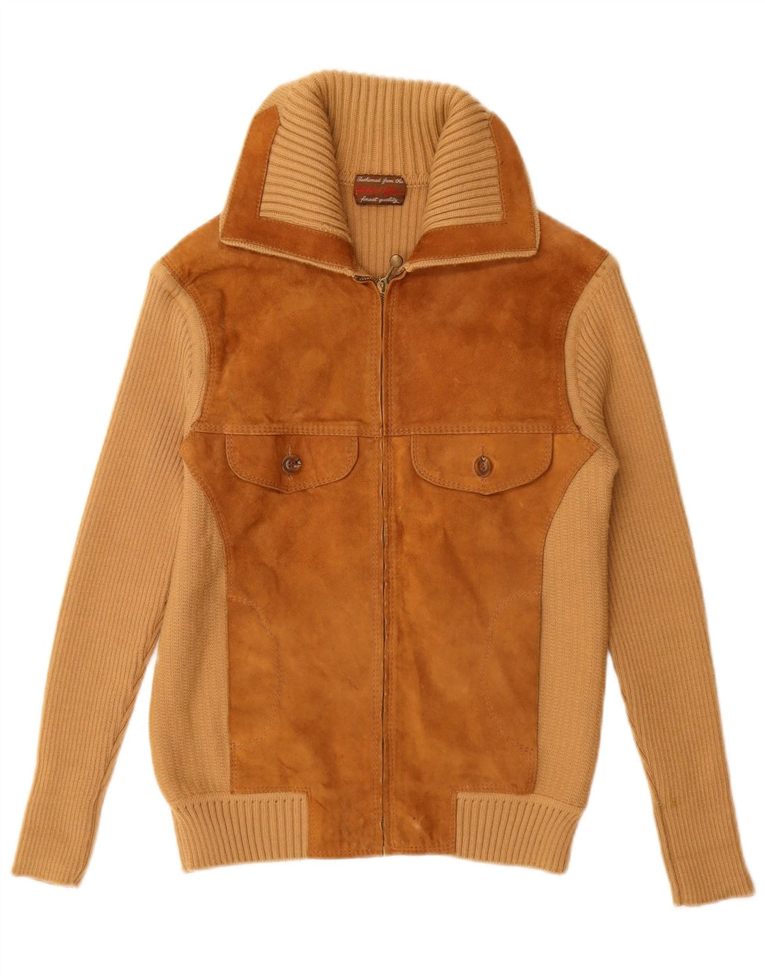 VINTAGE Pulover cardigan din piele intoarsa pentru femei UK 12 Medium Bej Colorblock