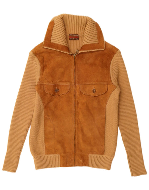 VINTAGE Pulover cardigan din piele intoarsa pentru femei UK 12 Medium Bej Colorblock