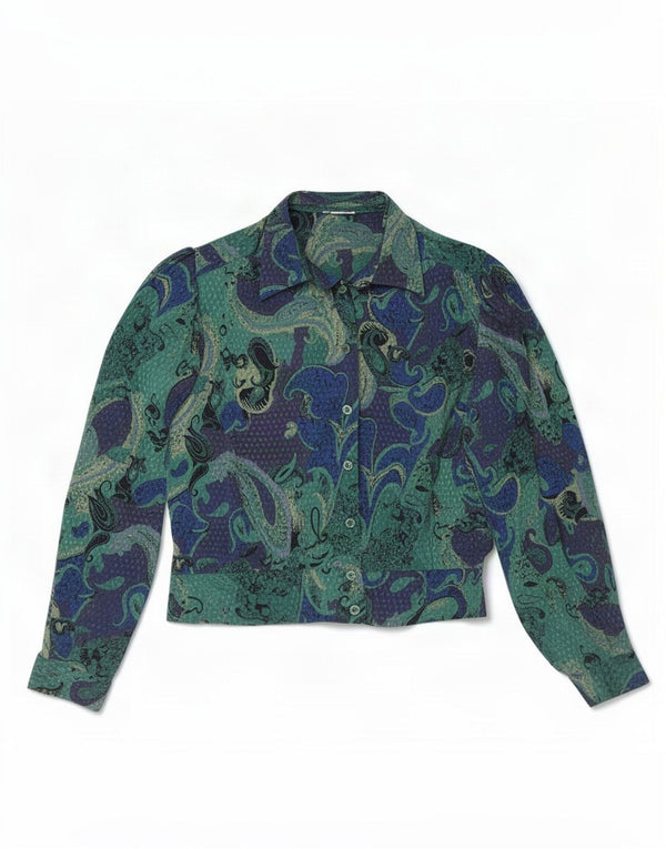Bluză cămașă vintage pentru femei UK 12 Medium Green Paisley