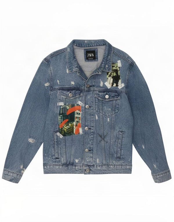 Zara Mens Artist Graphic Distressed Denim Jacket UK 42 Large Blue Patchwork
