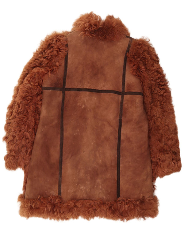 Palton din shearling vintage pentru femei cu cravată în față UK 16 mare maro