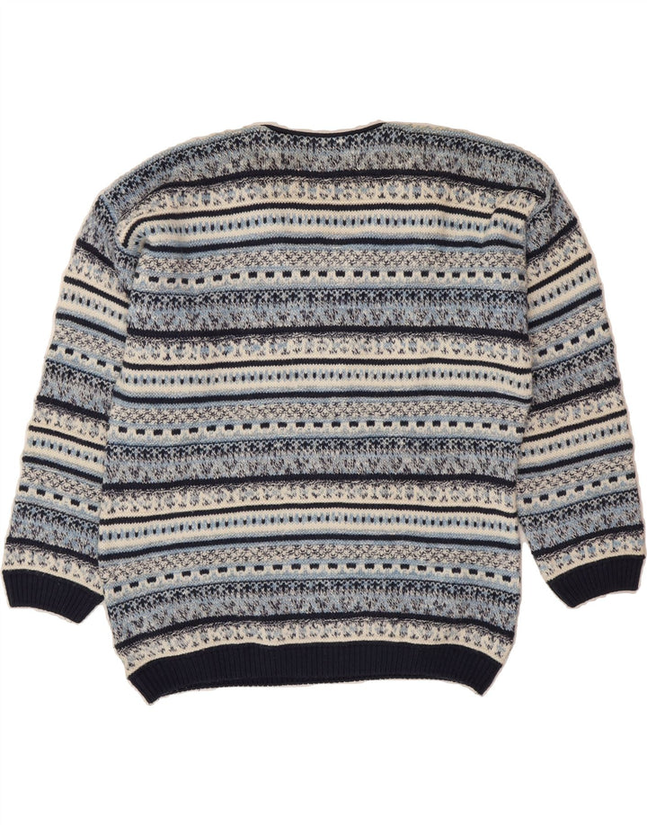 VINTAGE Mens V-Neck Jumper Sweater Large Blue Striped Wool Vintage Vintage and Second-Hand Vintage from Messina Hembry 
