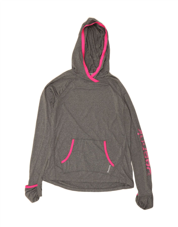 REEBOK Womens Graphic Hoodie Jumper UK 16 Large Grey Polyester Vintage Reebok and Second-Hand Reebok from Messina Hembry 