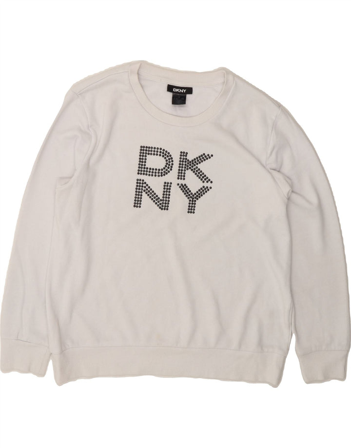 DKNY Mens Graphic Sweatshirt Jumper Medium White Cotton Vintage Dkny and Second-Hand Dkny from Messina Hembry 