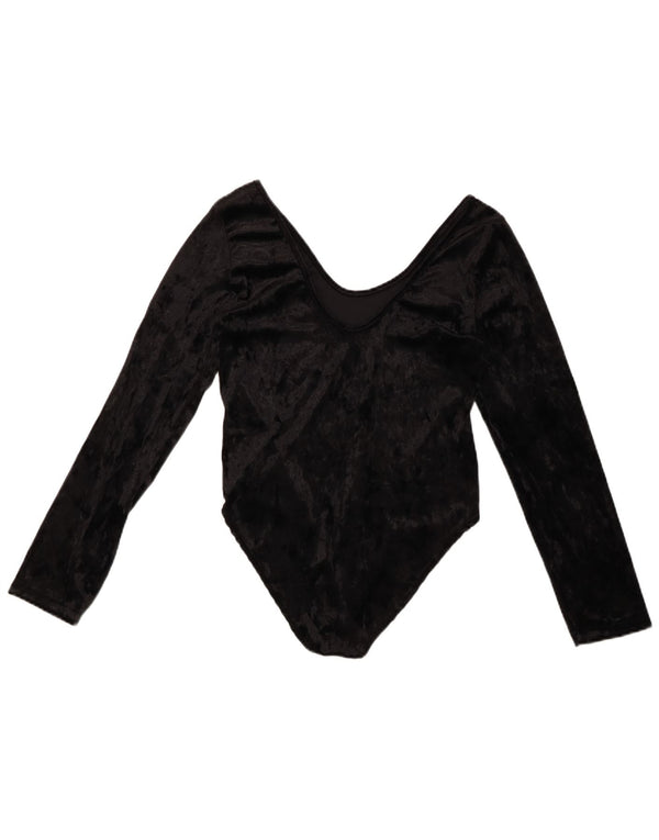 VINTAGE Body cu mânecă lungă din velur pentru femei UK 10 Poliester negru mic