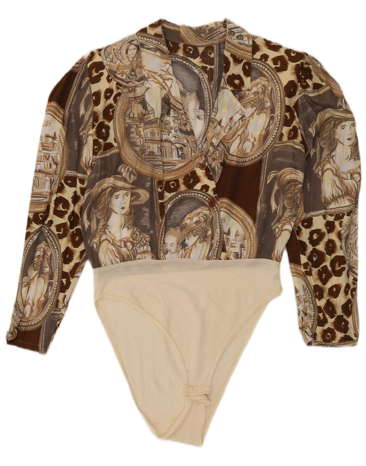 Body vintage cu mânecă lungă cu model abstract pentru femei UK 14 maro mediu