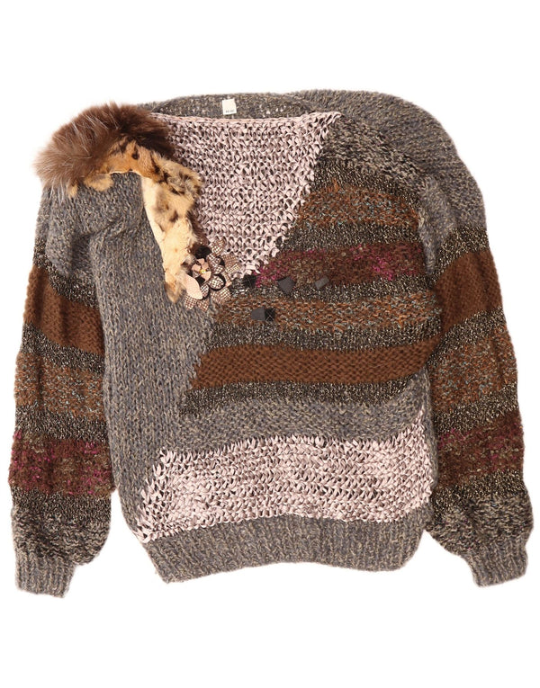 Pulover VINTAGE pentru femei cu gât de barcă EU 40/42 Medium Gri Colorblock