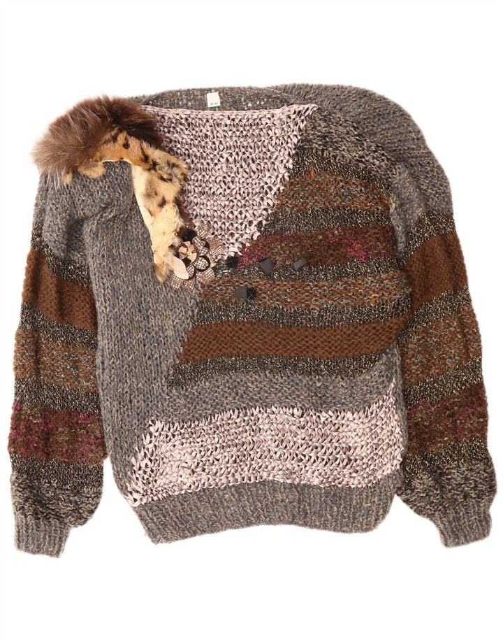 Pulover VINTAGE pentru femei cu gât de barcă EU 40/42 Medium Gri Colorblock