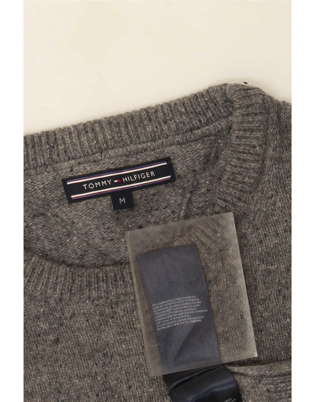 Pulover Tommy Hilfiger pentru bărbați, cu gât roșu, din lână de miel, gri mediu