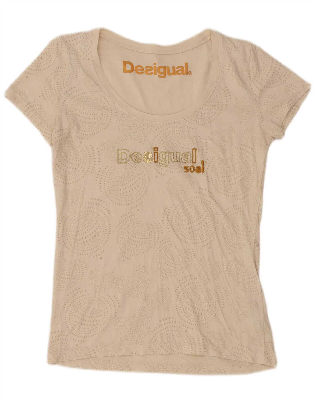 Tricou grafic DESIGUAL pentru femei Top UK 14 mare, bej, bumbac cu pete