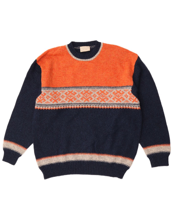Pulover vintage pentru bărbați cu gât roșu, mare, lână colorblock, albastru