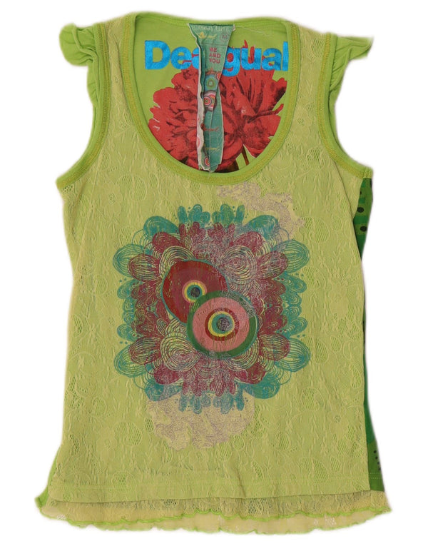 Desigual Womens Graphic Vest Top UK 12 Medium Green Geometric Bumbac