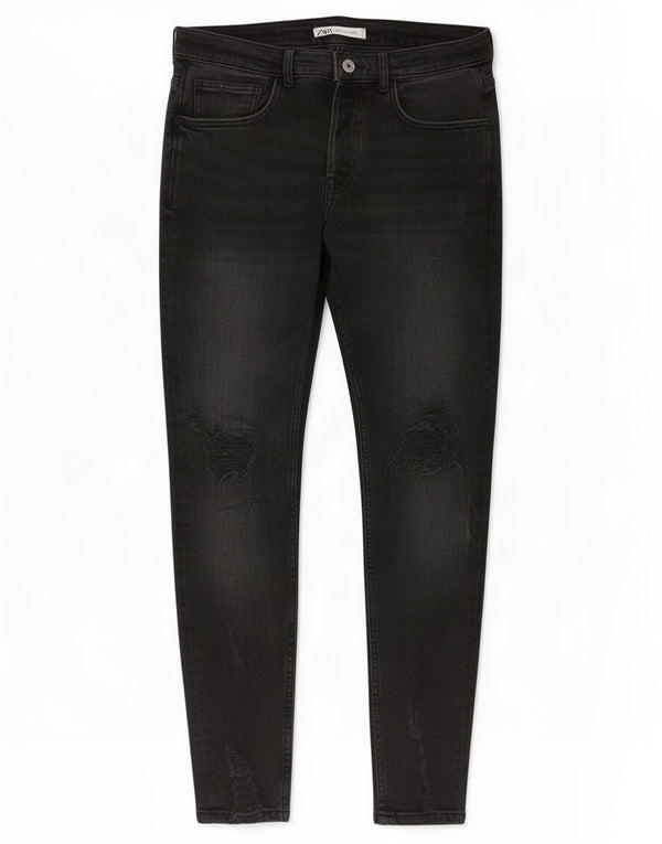 Blugi skinny distressed pentru bărbați Zara EU 42 Large W32 L29 Bumbac negru