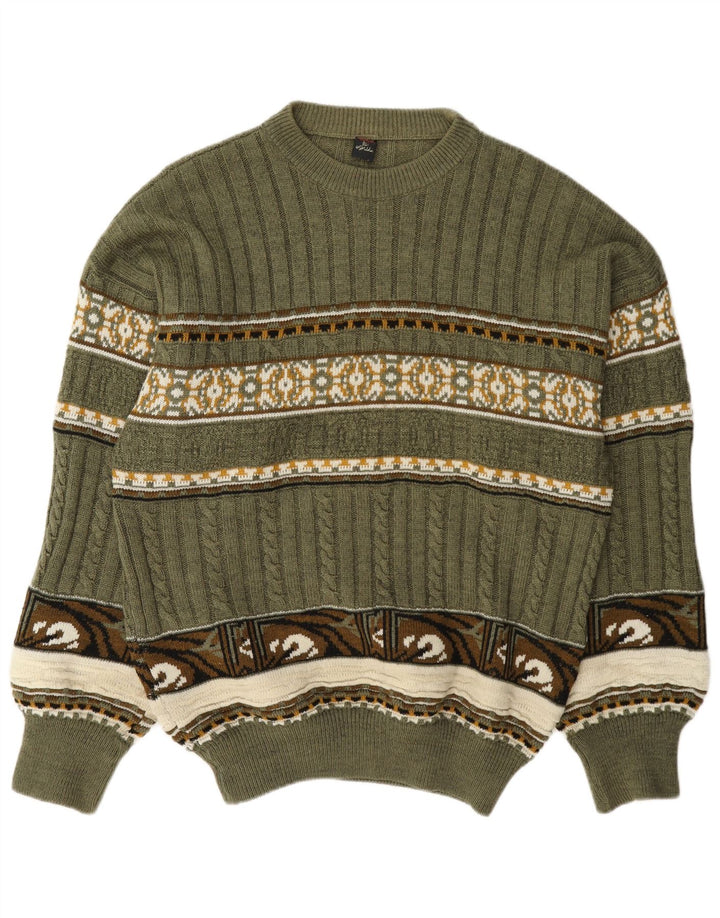 Pulover vintage pentru bărbați cu gâtul turnat, verde mediu Fair Isle
