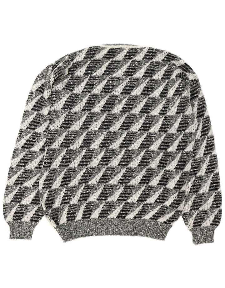 Pulover vintage pentru bărbați cu decolteu în V, mare, gri geometric